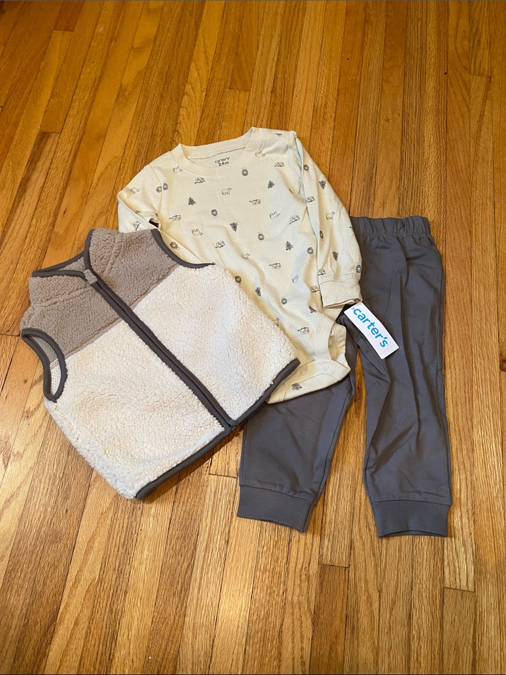 Carter's Cream Sherpa Vest, Cream Bodysuit & Gray Pants Set
